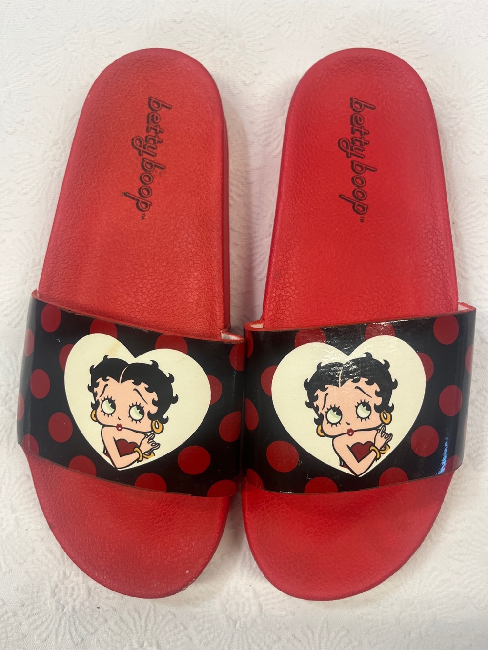 Betty Boop Red and Black Slide Sandals with Heart Graphic